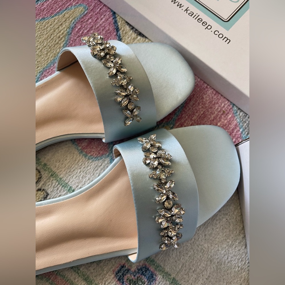 Satin slip on sandals with floral rhinestones